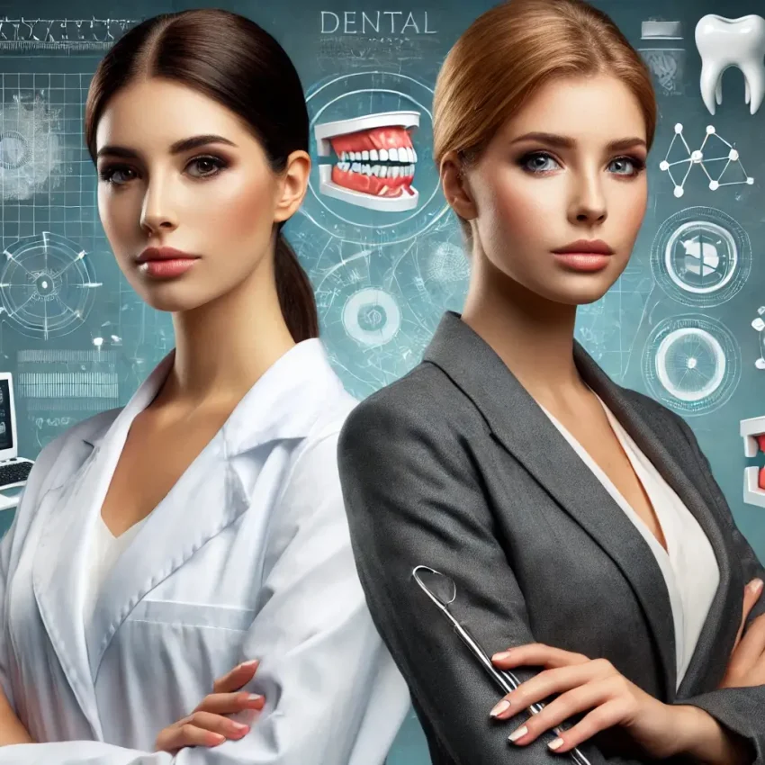 DALL·E-2024-08-25-14.43.21-A-realistic-landscape-oriented-image-featuring-two-confident-women_-one-dentist-in-a-white-coat-and-one-business-professional-in-formal-attire-both-1.webp
